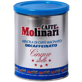 Кофе без кофеина Molinari Cinque Stelle Decaffeinato, Молинари Декафеинато, Молотый, вакуумная упаковка 250г. банка